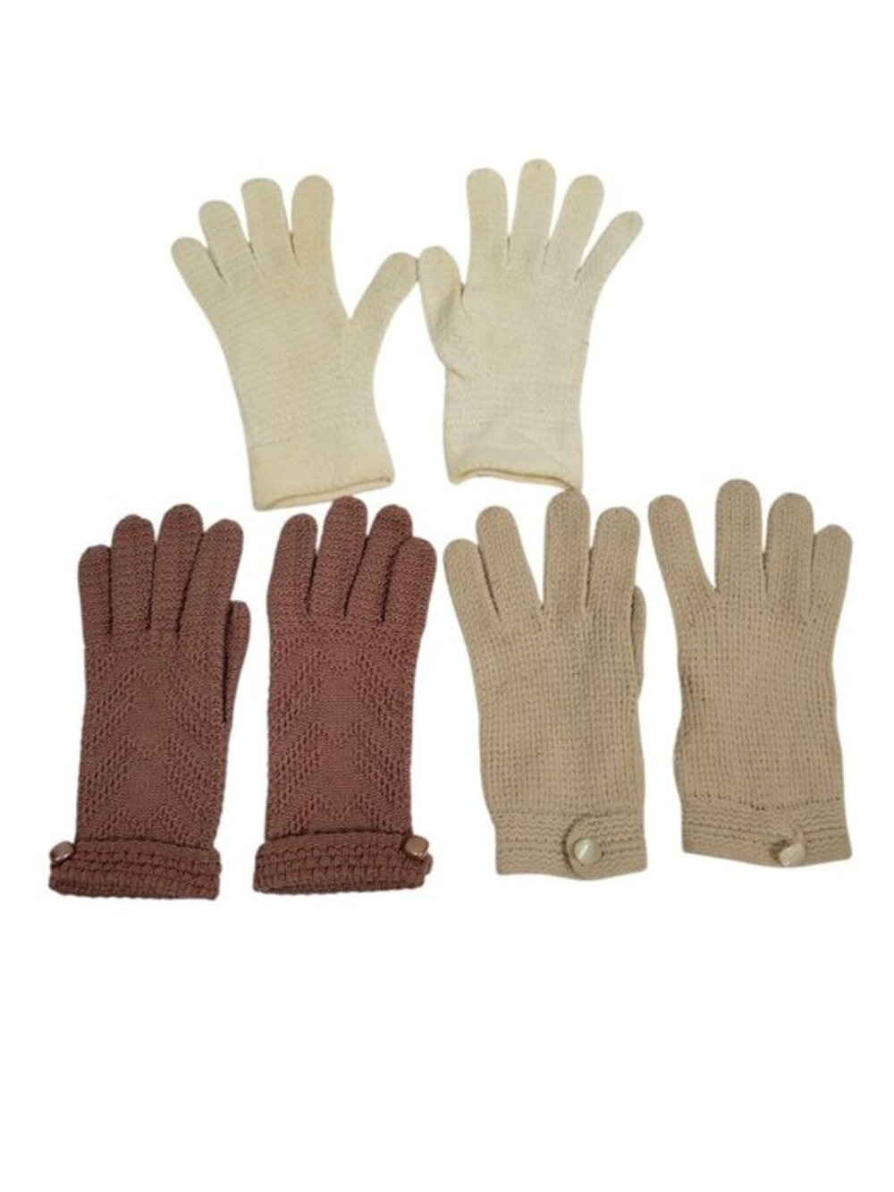 Vintage Knit Gloves Lot Of 3 Cream Brown Beige Button Accents